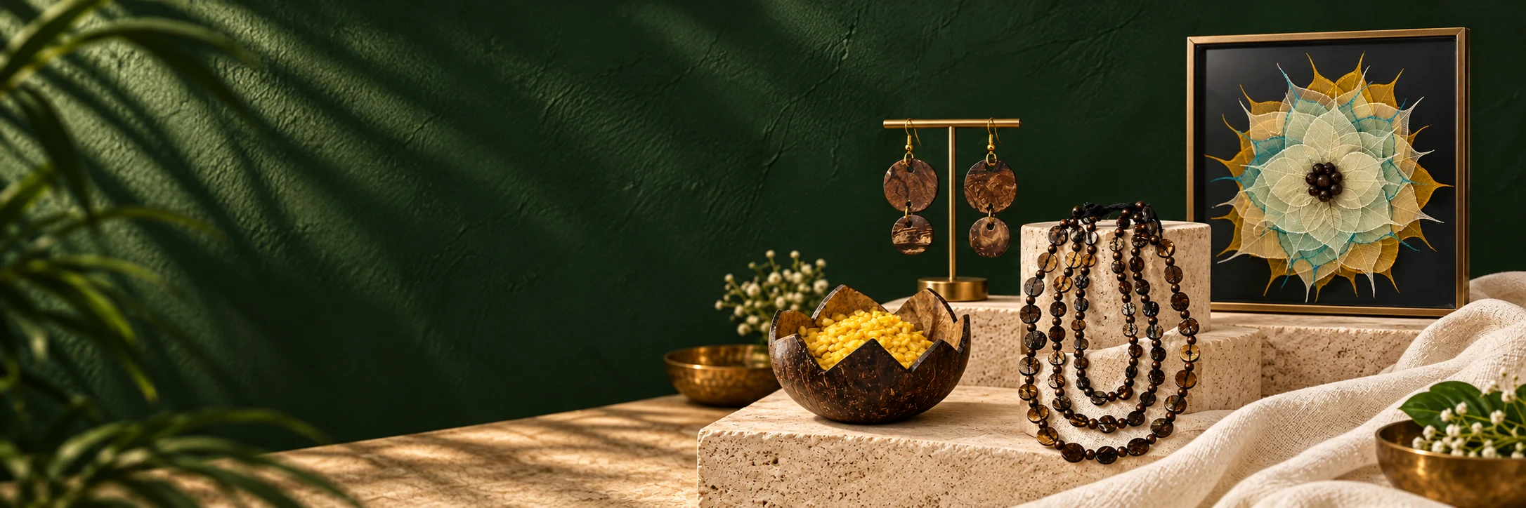 Kewal coconut jewellery and handcrafted objects in an artisan studio