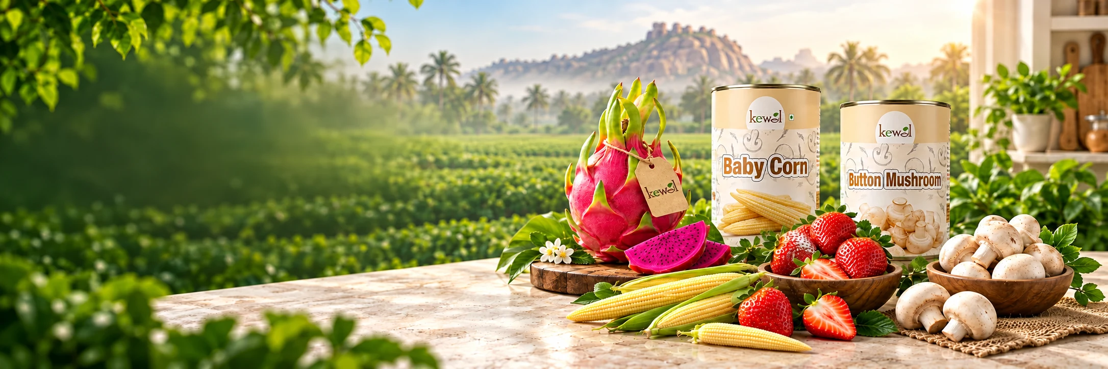 Kewal fresh fruits, baby corn and mushrooms in a farm-to-table setting