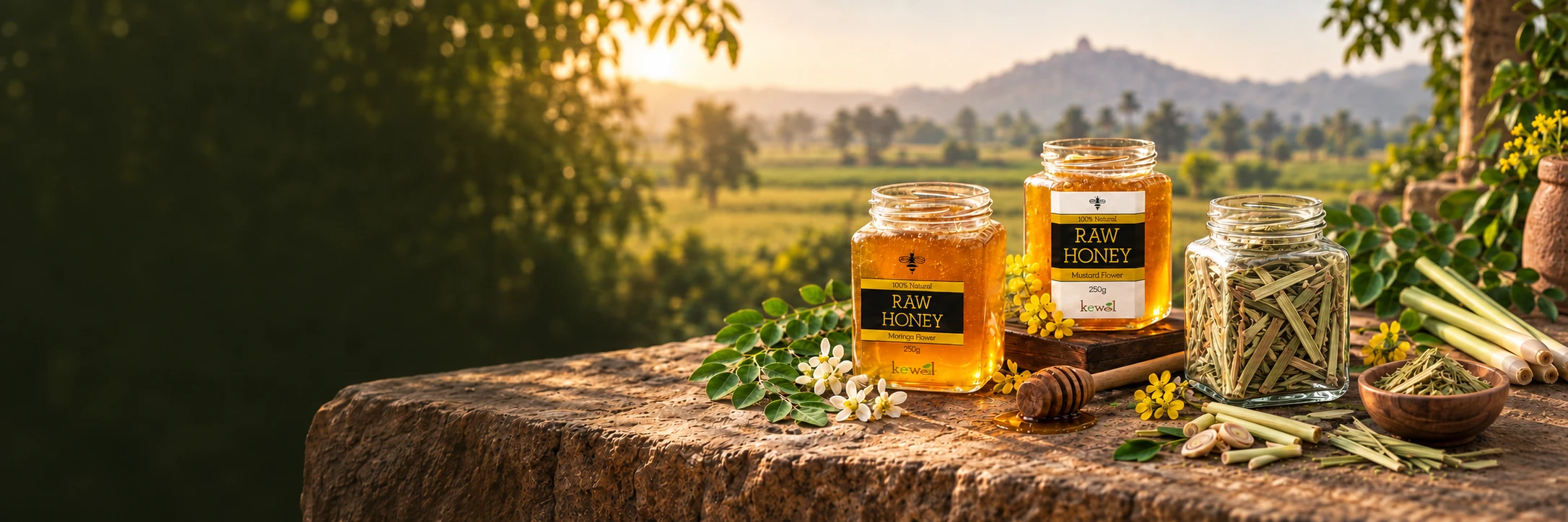 Kewal honey and dried lemongrass leaves overlooking the fields of Gaya